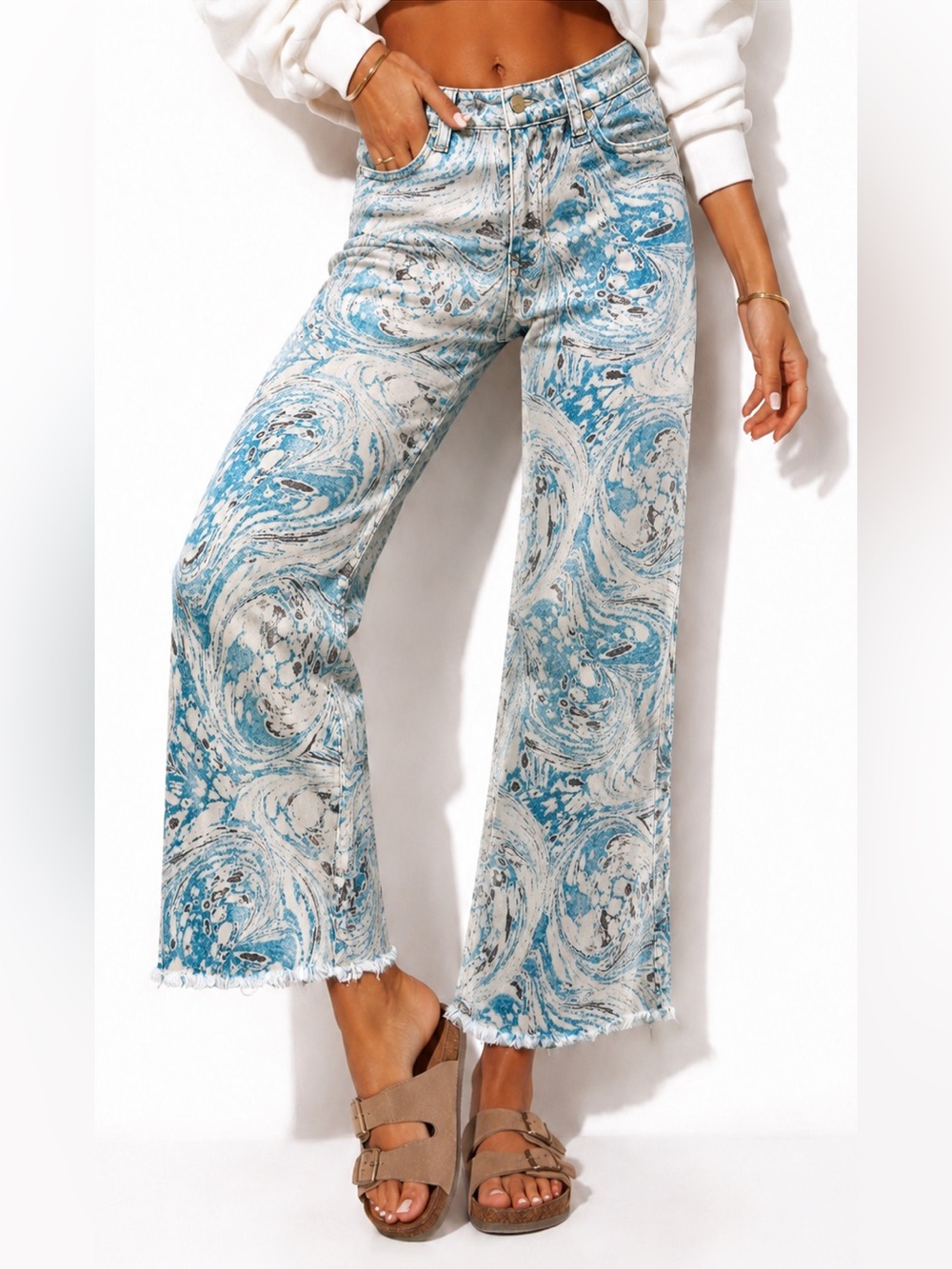 Liverpool Los Angeles Hannah Floral Crop Flare Fray Jeans Ocean Blue Size 0